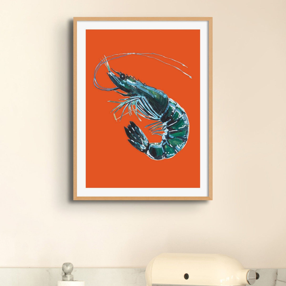 Prawn Print | Shellfish Kitchen Wall Art | Prawn Painting on Orange Background - Unframed