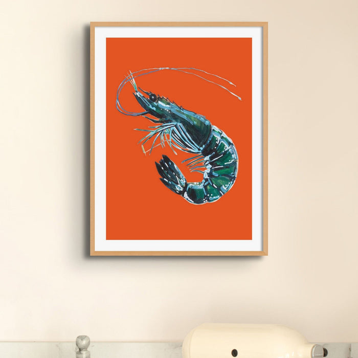 Prawn Print | Shellfish Kitchen Wall Art | Prawn Painting on Orange Background - Framed