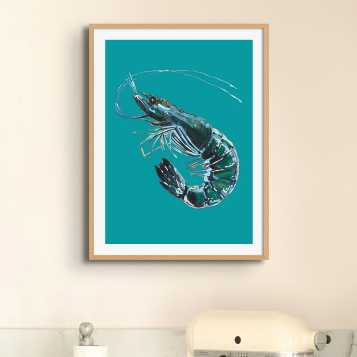 Prawn Painting | Shellfish Kitchen Art Print |Prawn Print on green background - Unframed