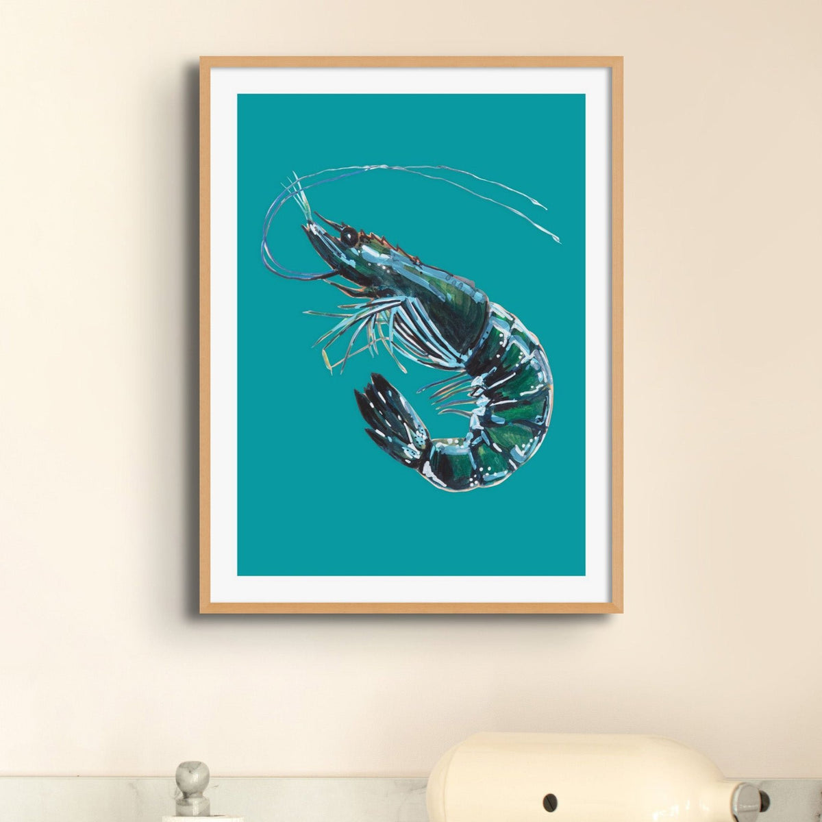 Prawn Painting | Shellfish Kitchen Art Print | Prawn Print on Green Background - Framed