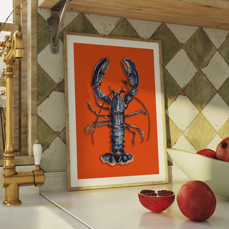 Lobster Painting | Shellfish Kitchen Wall Art | Lobster Print on Orange Background - Unframed