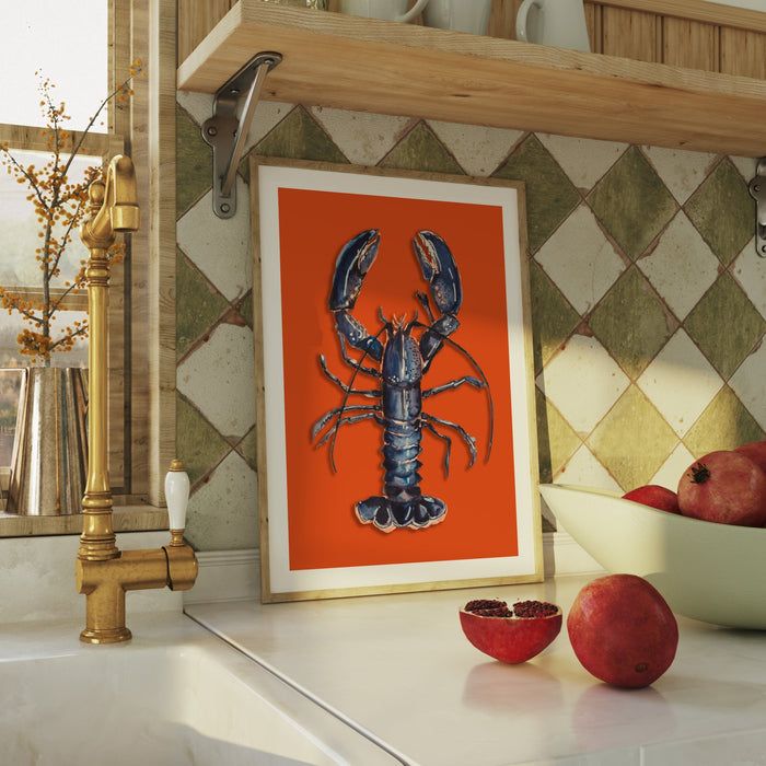 Lobster Painting | Colourful Kitchen Wall Art | Lobster Painting on Orange Background - Framed