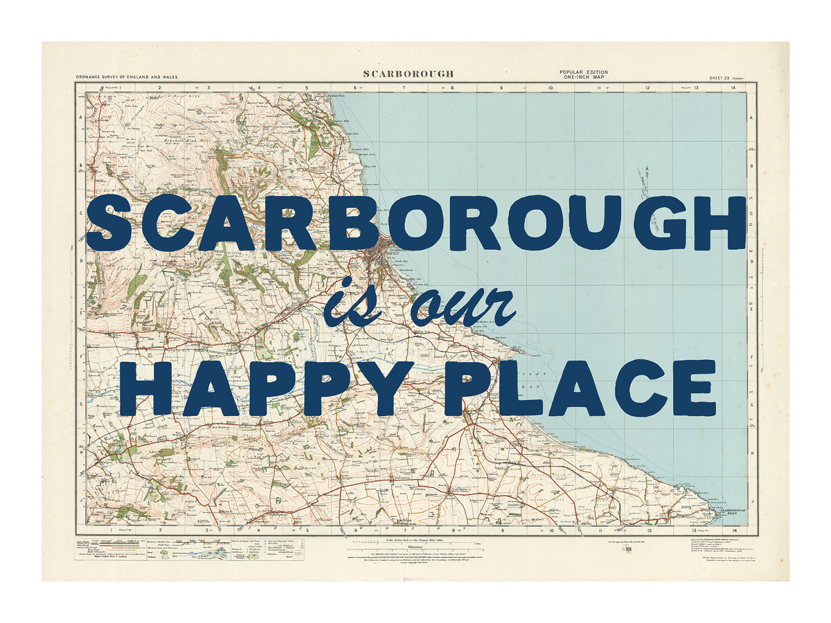 Happy Place Map Print With Blue Font - Personalised