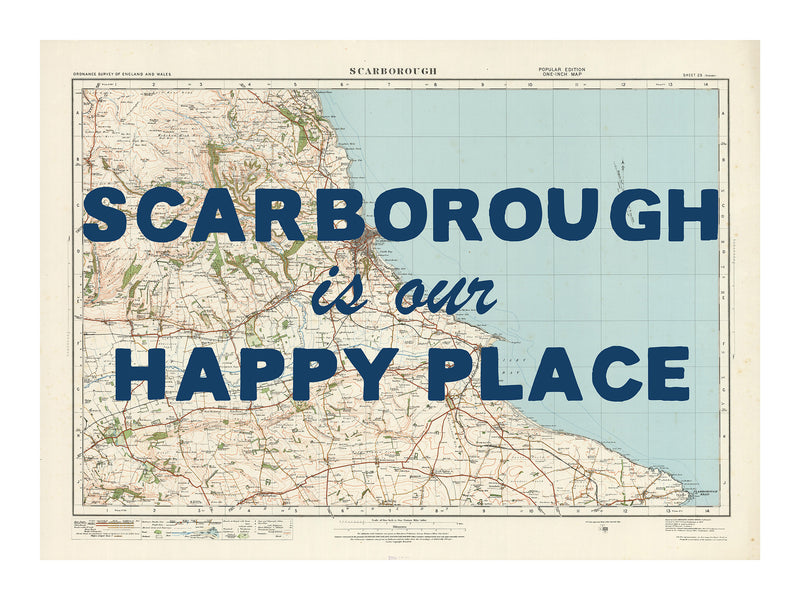 Happy Place Map Print With Blue Font - Personalised