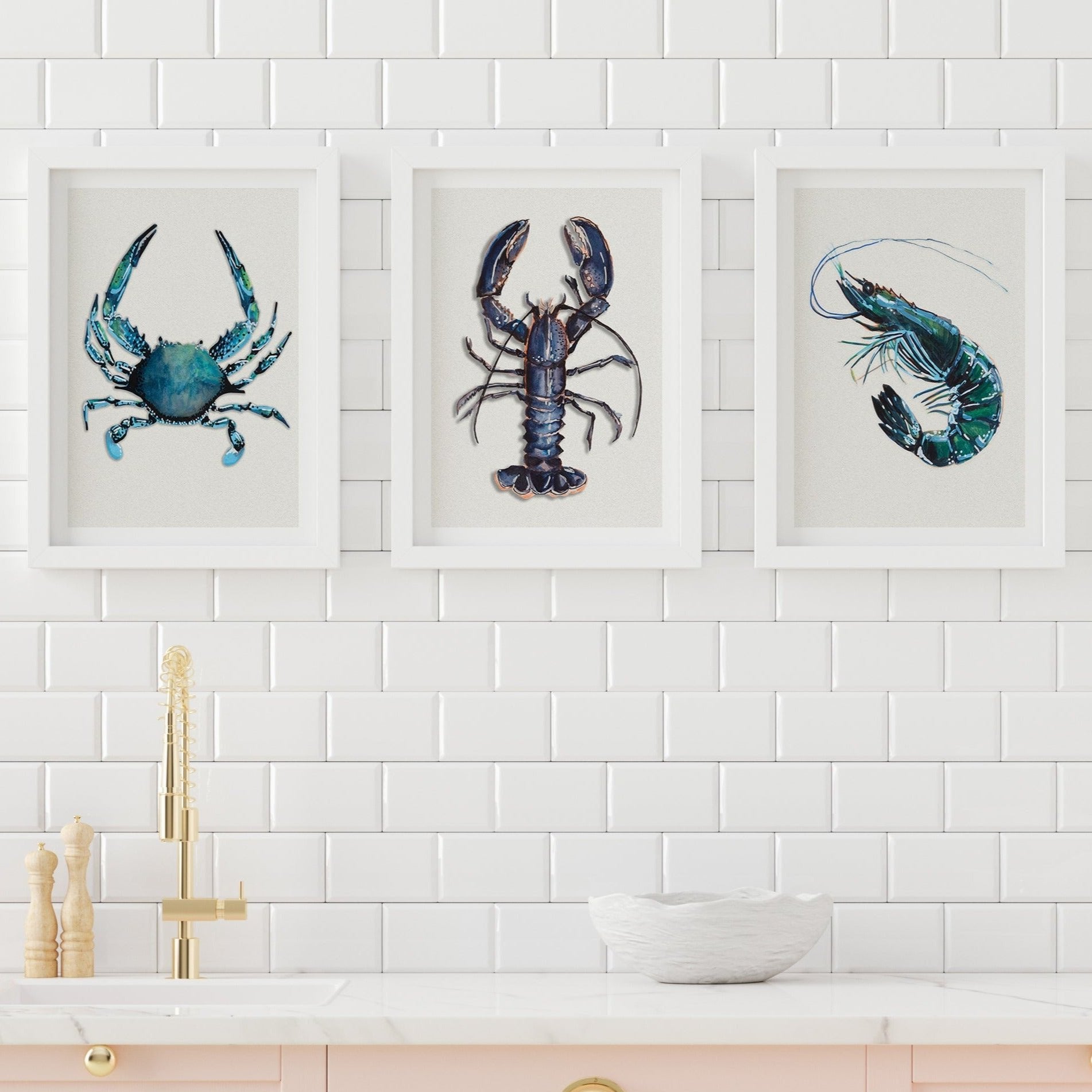 Watercolor Set of 4 Octopus, Crab, Lobster art shipping print, Ocean Life Wall Art, Beach Home Decor, Coastal Art Print