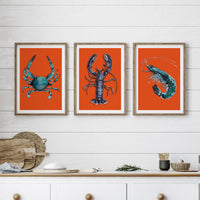 Set of Three Shellfish Prints on red | Set of Kitchen Prints - Unframed