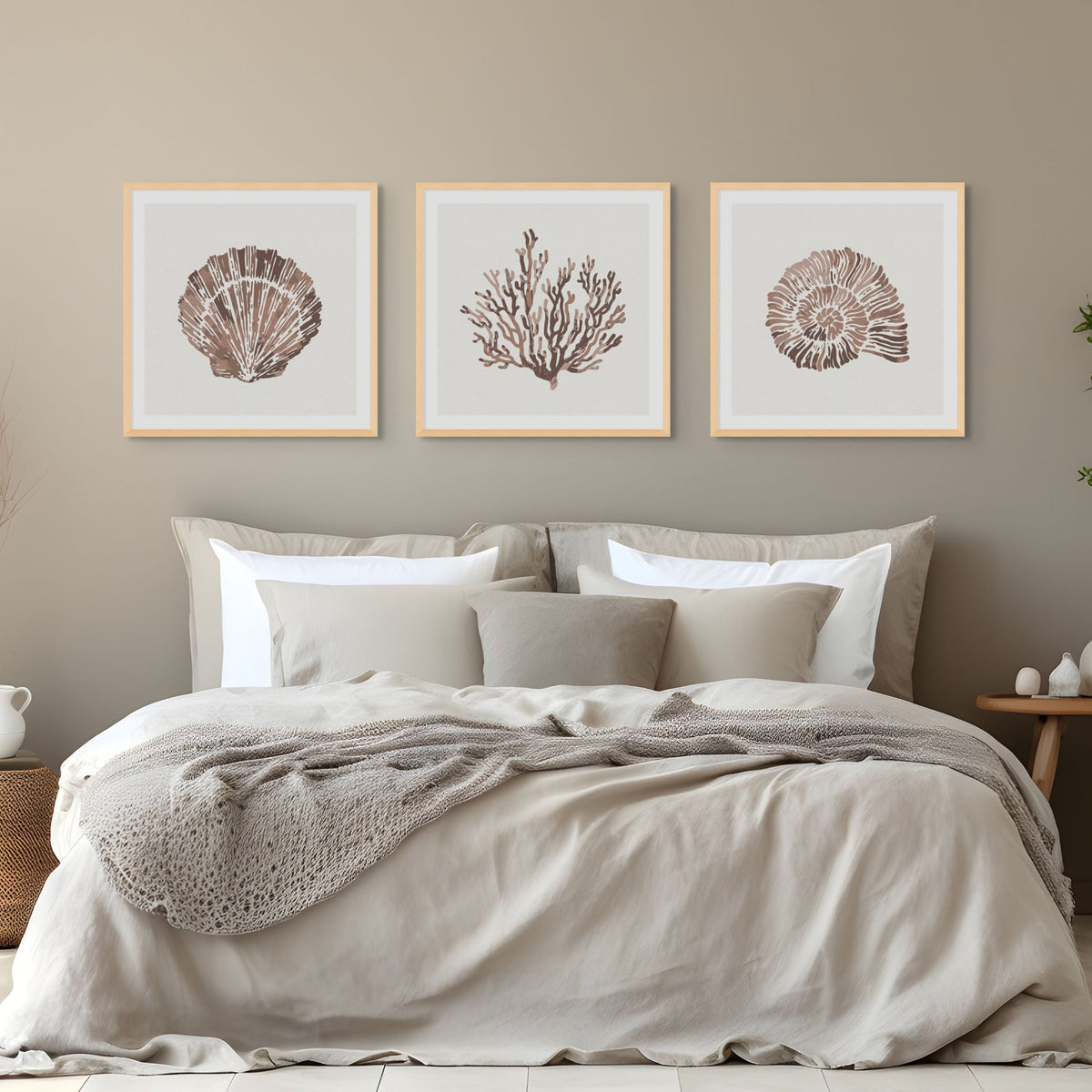 Set of Three Mocha Coral and Shell Art Prints  - Unframed