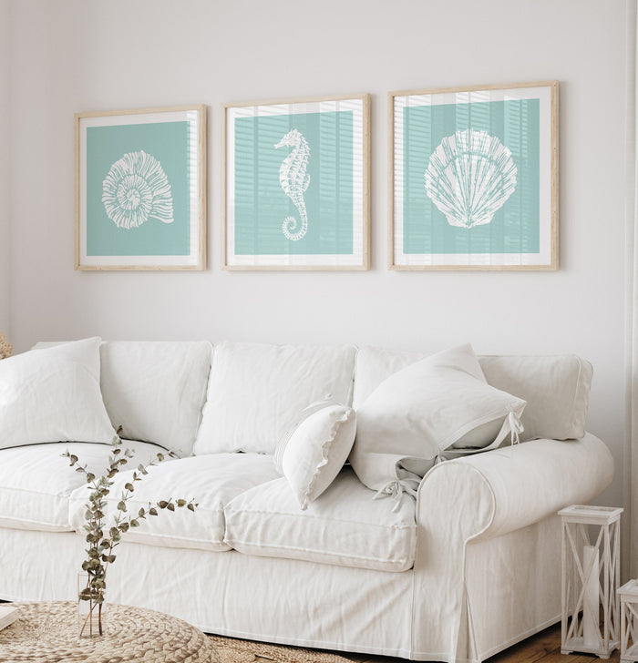 set of three shell prints - coastal art prints - shell print, coral print and seaorse print on aqua blue background