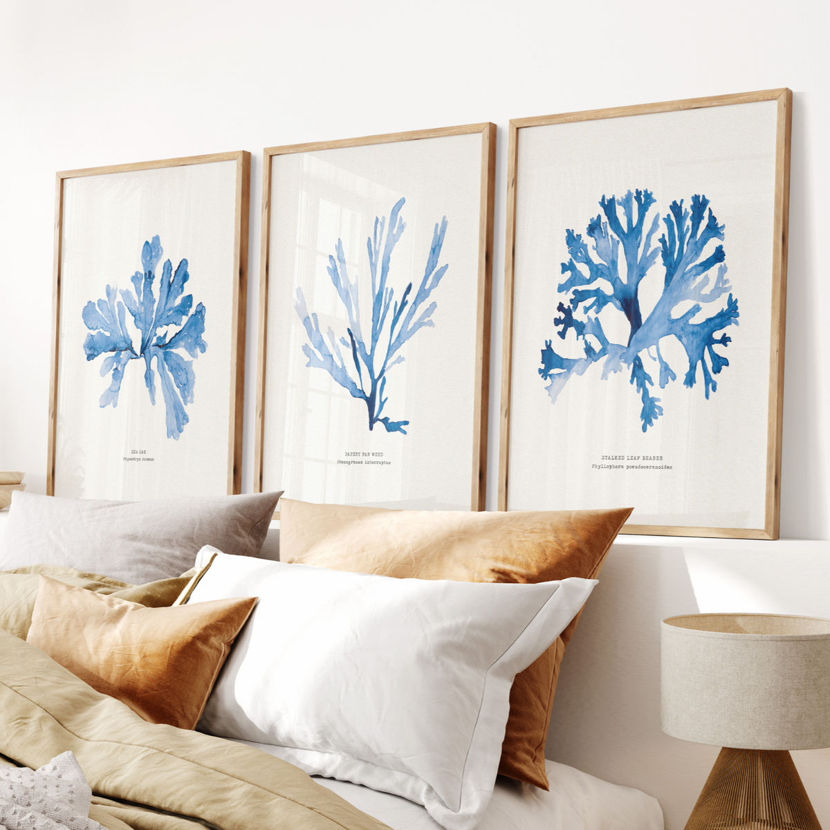 Set of 3 Indigo Seaweed Paintings - Unframed Beach House Art set of blue abstract line art prints