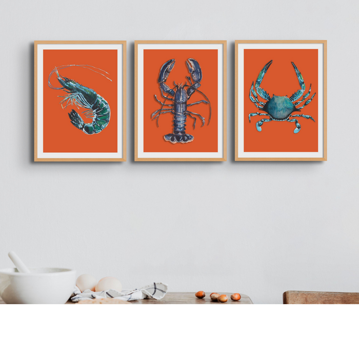 Set of Three Shellfish Prints on Red Background | Set of Kitchen Prints - Framed