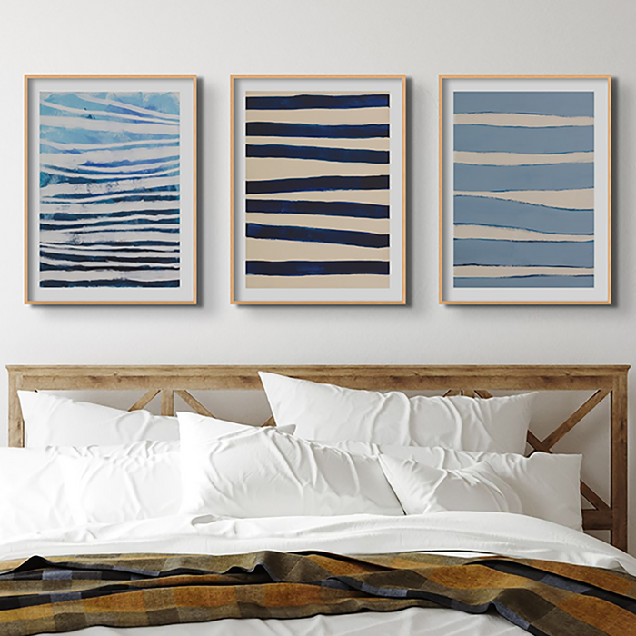 Set of three abstract wave prints - blue line art prints above bed