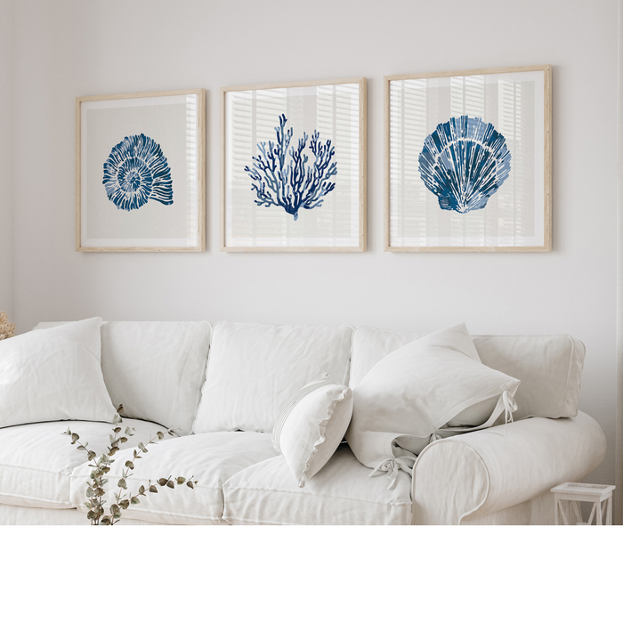 Set of Three Indigo Coral and Shells Art Prints - Unframed Beach House Art set of blue abstract line art prints