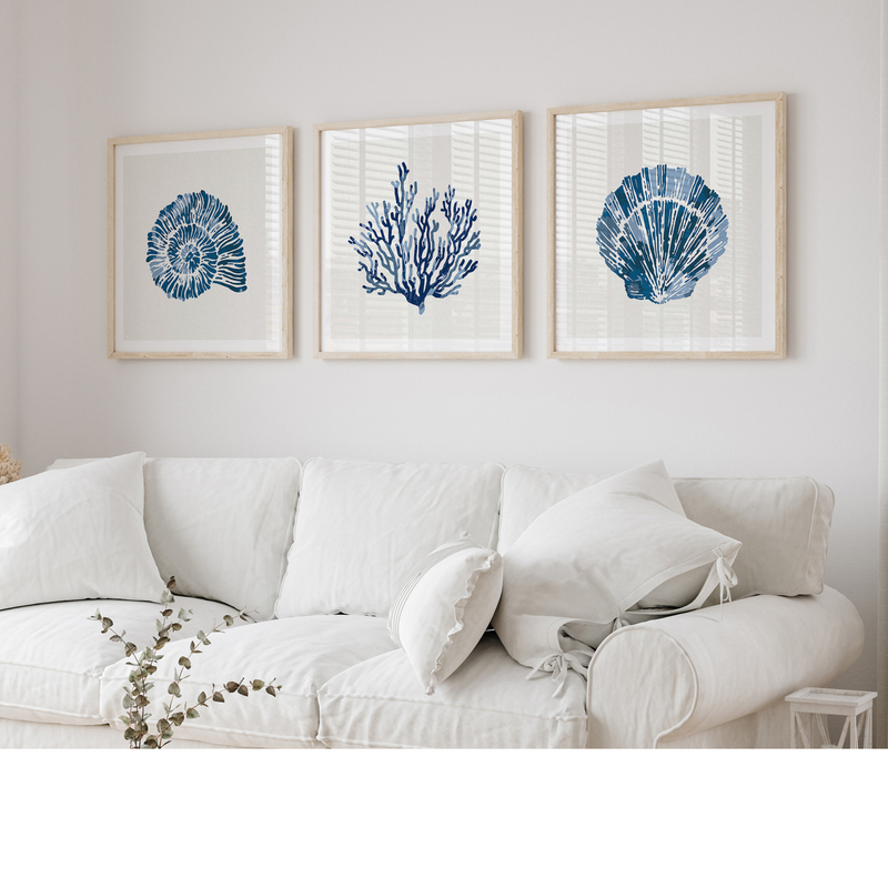 Set of Three Indigo Coral and Shells Art Prints - Unframed Beach House Art set of blue abstract line art prints