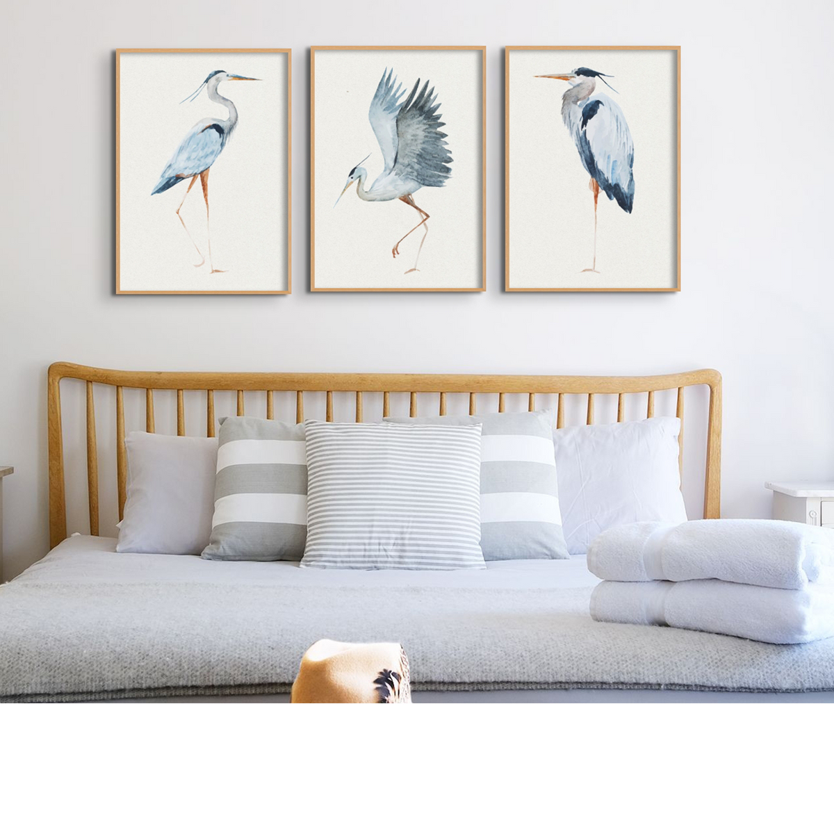 Set of Three Heron Prints - Framed Beach House Art - Vintage bird paintings