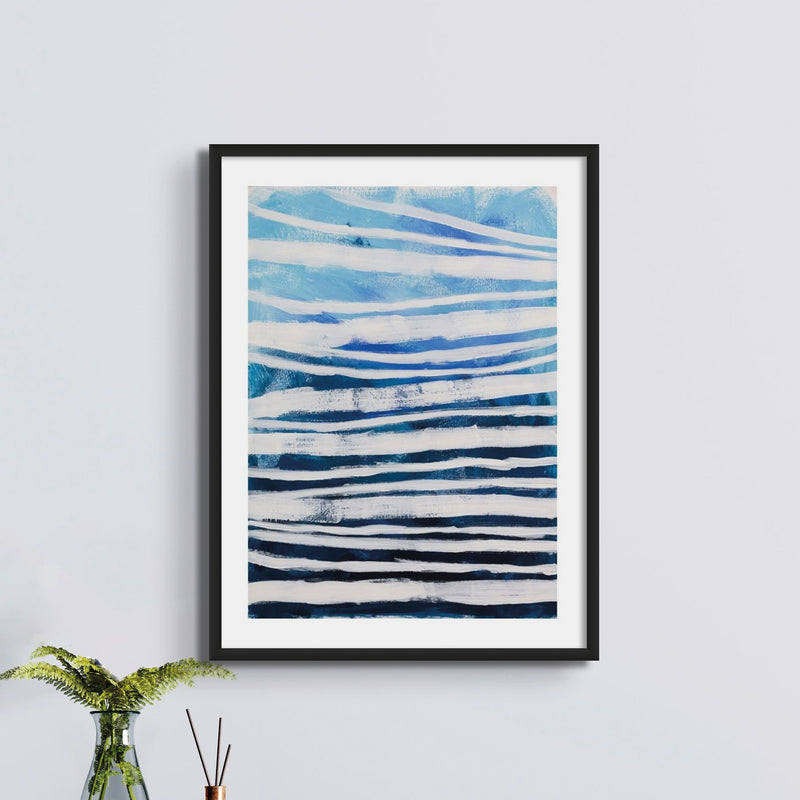 Set of Three Wave Prints - Unframed Beach House Art set of blue abstract line art prints