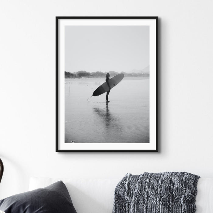 Surfer Holding Board Photograph | Black & White Photography - Framed Wall Art