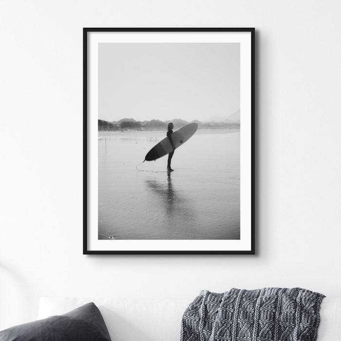 Surfer holding board photo | Black & White surfer Photography - Unframed Wall Art