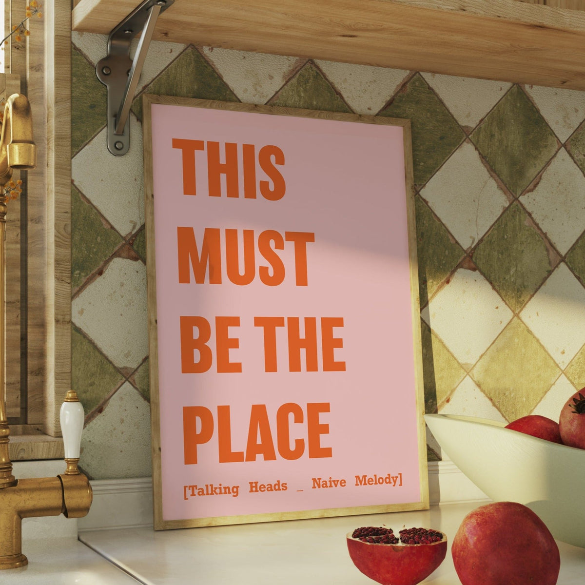 This must be the place, song lyric print, talking heads  lyric print in pink and framed in natural wood.