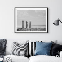 Three Surfboards In the sand photo | Black & White Photography Print - Unframed Wall Art