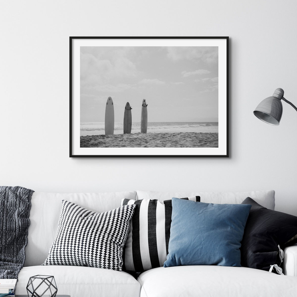 Three Surfboards in the sand overlooking the sea photo | Black & White Photography Print - Framed Wall Art