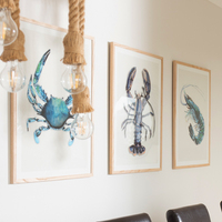 Set of Shellfish Art Prints - Unframed Beach House Art set of blue abstract line art prints