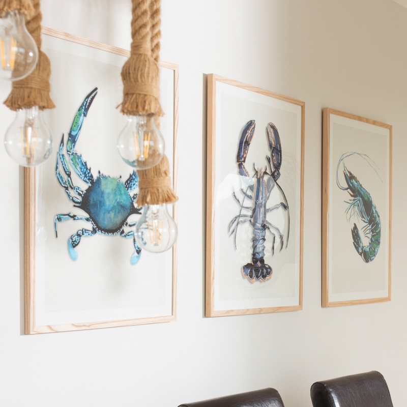 Set of Shellfish Art Prints - Kitchen Art Prints - Framed Beach House Art - Blue Abstract Art prints