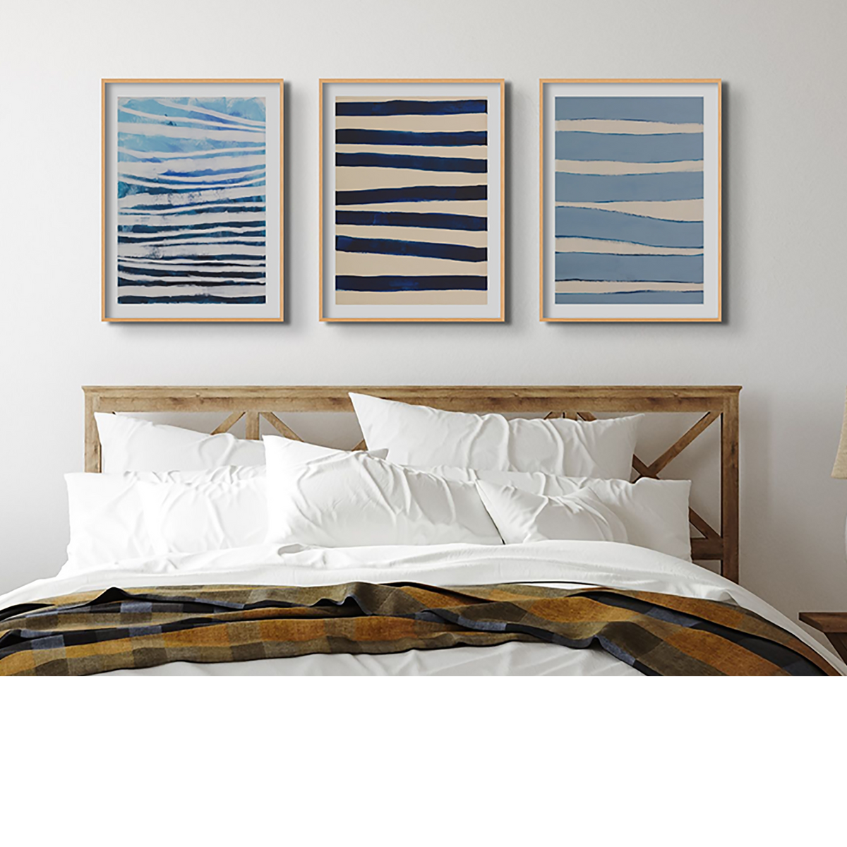 Set of Three Wave Prints - Unframed Beach House Art set of blue abstract line art prints