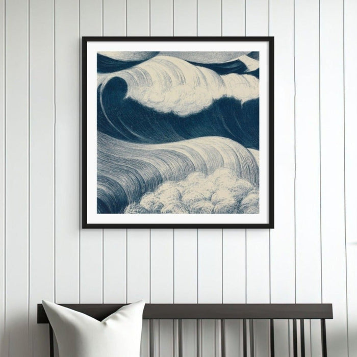 Wave art print - blue sea painting with black frame on white pamelled wall above black bench