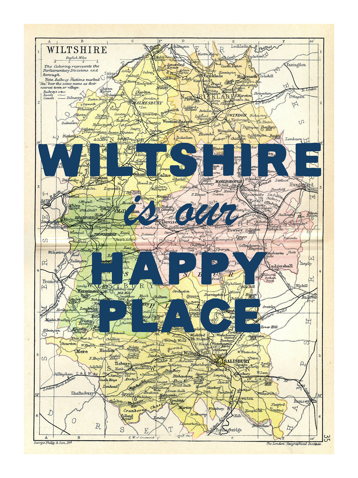 Personalised Quote on Map Print | Personalised Vintage Map Picture - Unframed