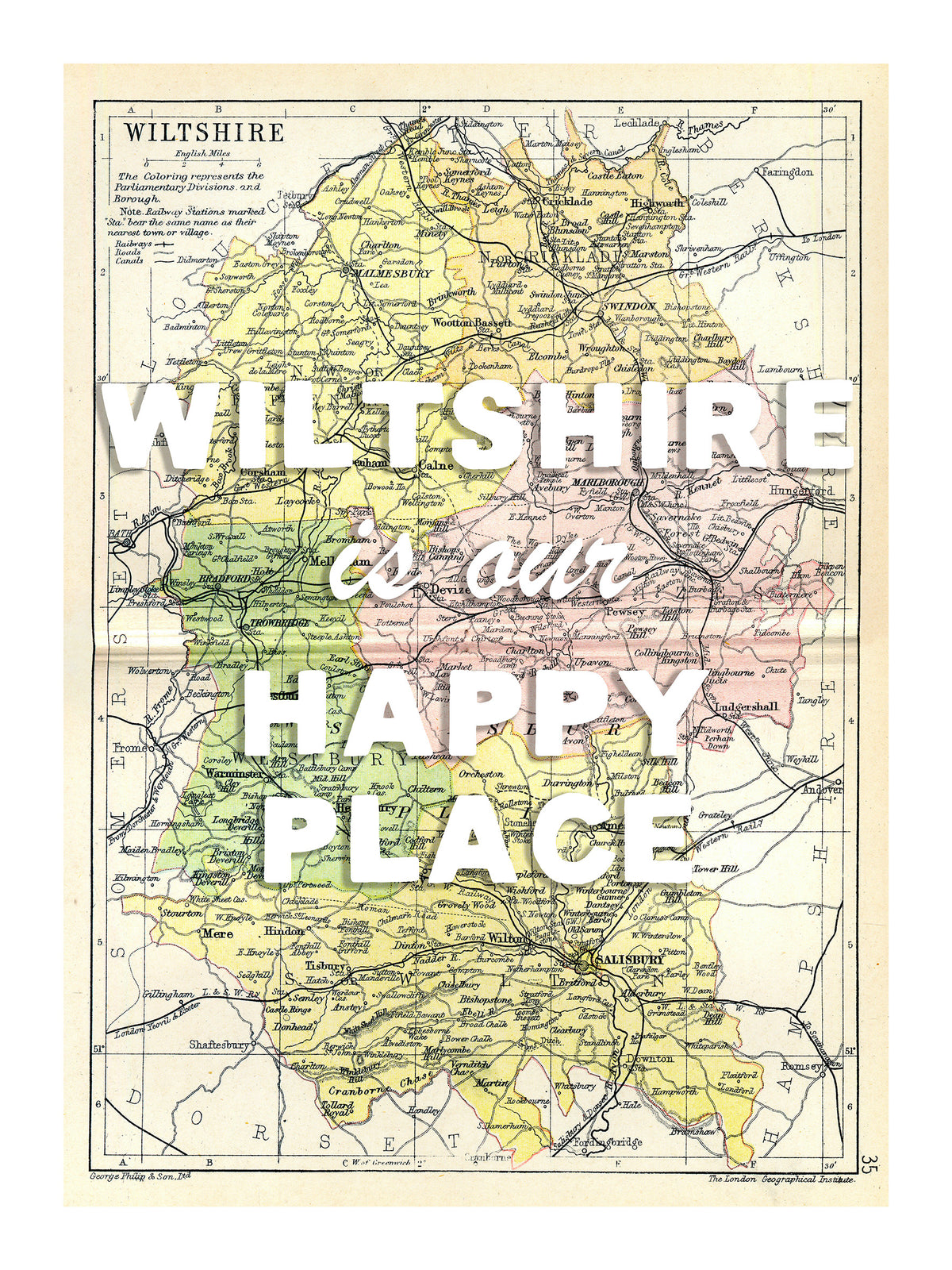 Happy Place Map With White Font - Personalised