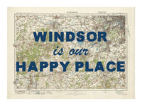 Happy Place Map Print With Blue Font - Personalised