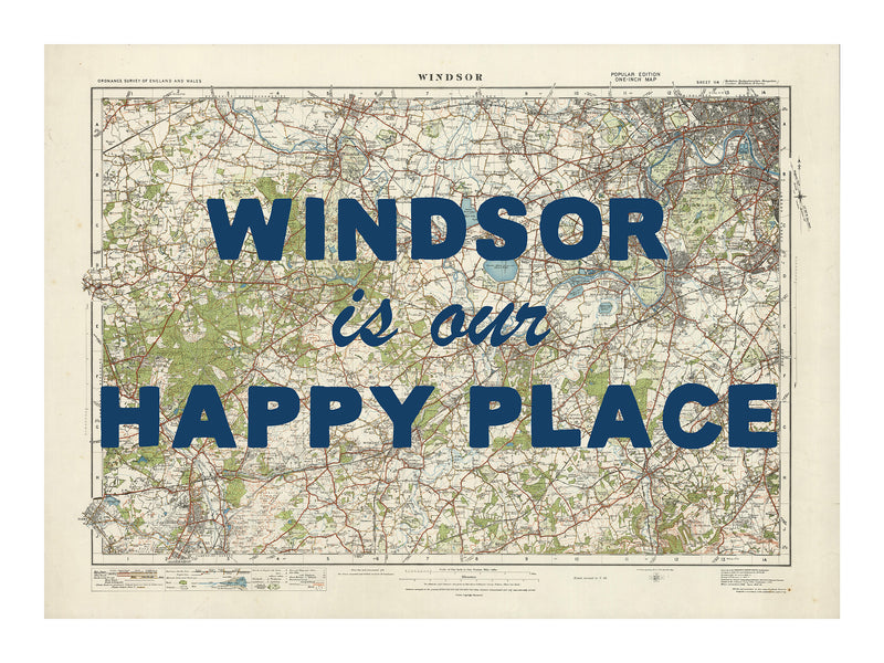 Happy Place Map Print With Blue Font - Personalised