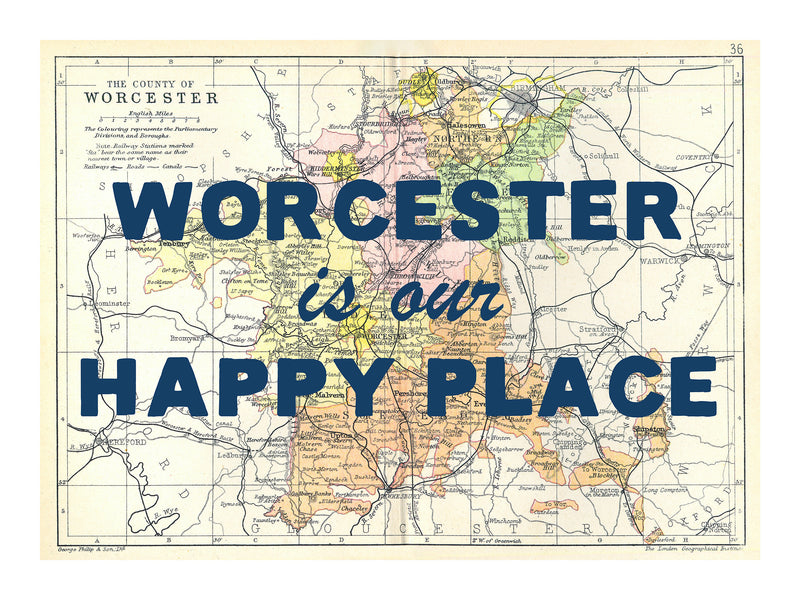 Happy Place Map Print With Blue Font - Personalised