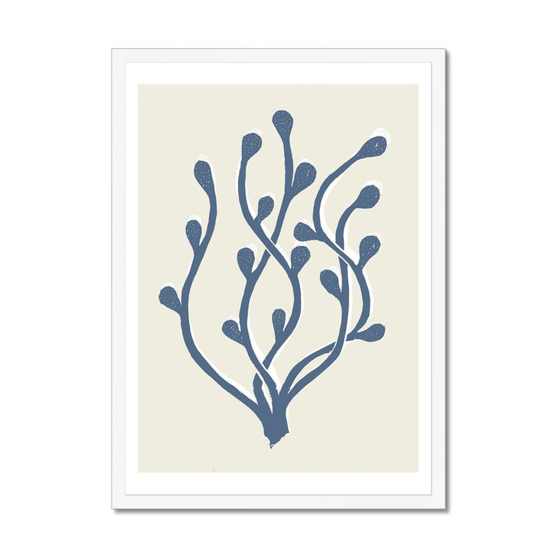 Abstract Indigo Seaweed Art Print No 2 | Coastal Graphic Wall Decor | Handcrafted Lino Cut Design - Framed