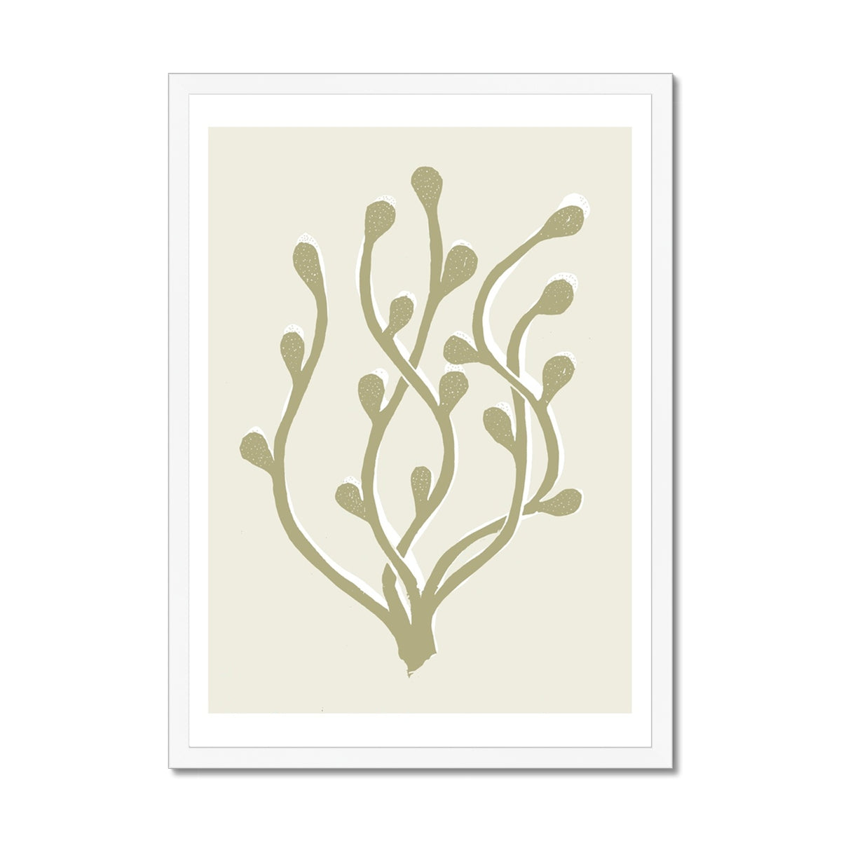 Abstract Neutral Seaweed Art Print No 2 | Coastal Graphic Wall Decor | Handcrafted Lino Cut Design - Framed