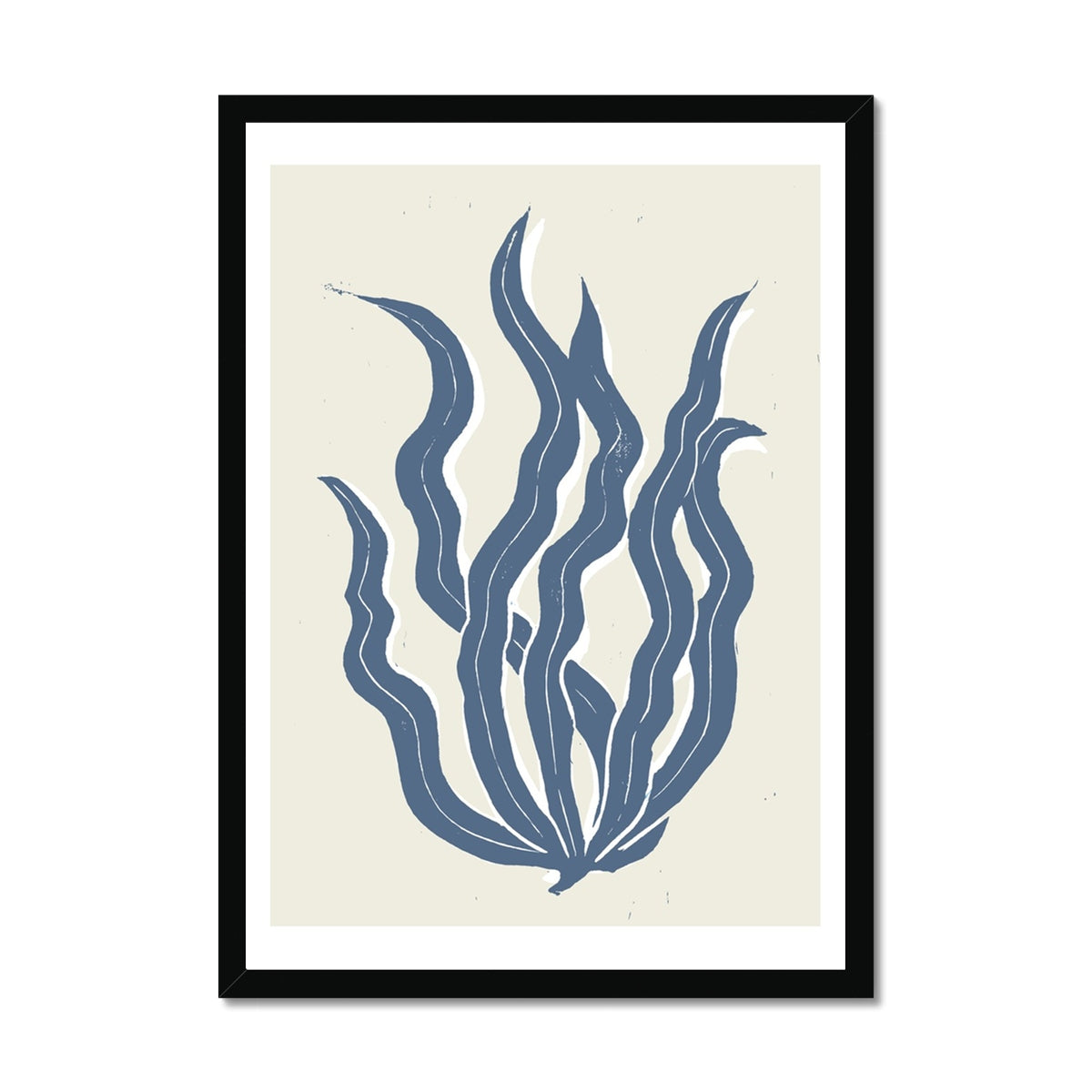 Abstract Indigo Seaweed Art Print No 3 | Coastal Graphic Wall Decor | Handcrafted Lino Cut Design - Framed