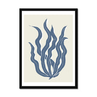 Abstract Indigo Seaweed Art Print No 3 | Coastal Graphic Wall Decor | Handcrafted Lino Cut Design - Framed