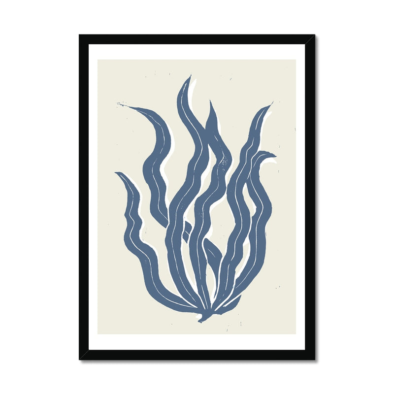 Abstract Indigo Seaweed Art Print No 3 | Coastal Graphic Wall Decor | Handcrafted Lino Cut Design - Framed