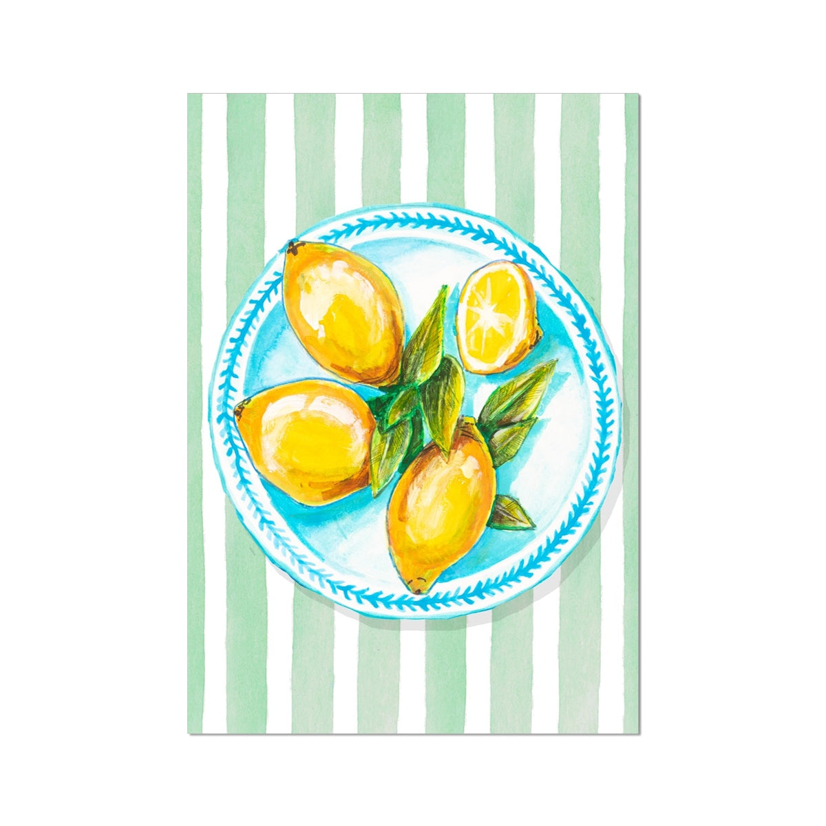 Lemon Painting on Green Stripe | Kitchen Wall Art - Unframed