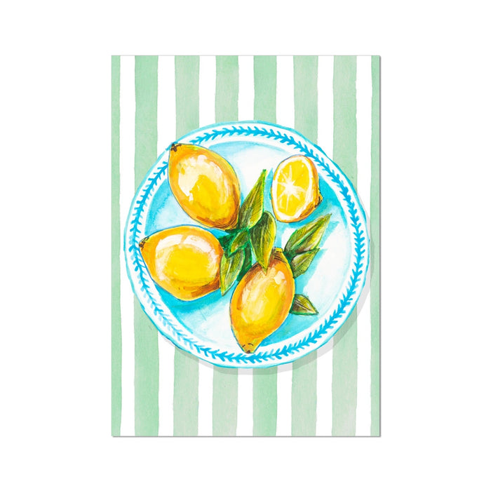 Lemon Painting on Green Stripe | Kitchen Wall Art - Unframed