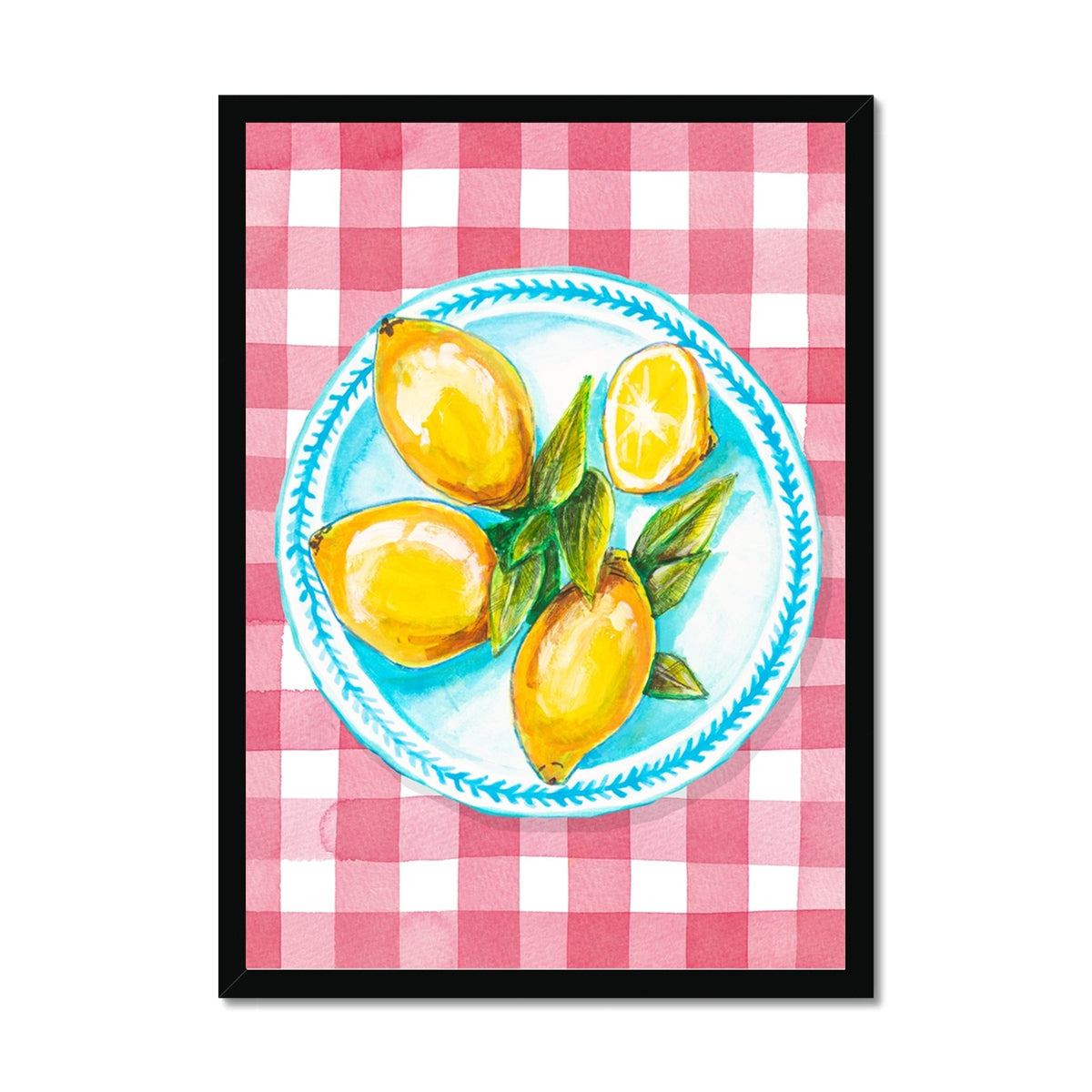 Lemon Painting on Red Gingham | Kitchen Wall Art - Framed