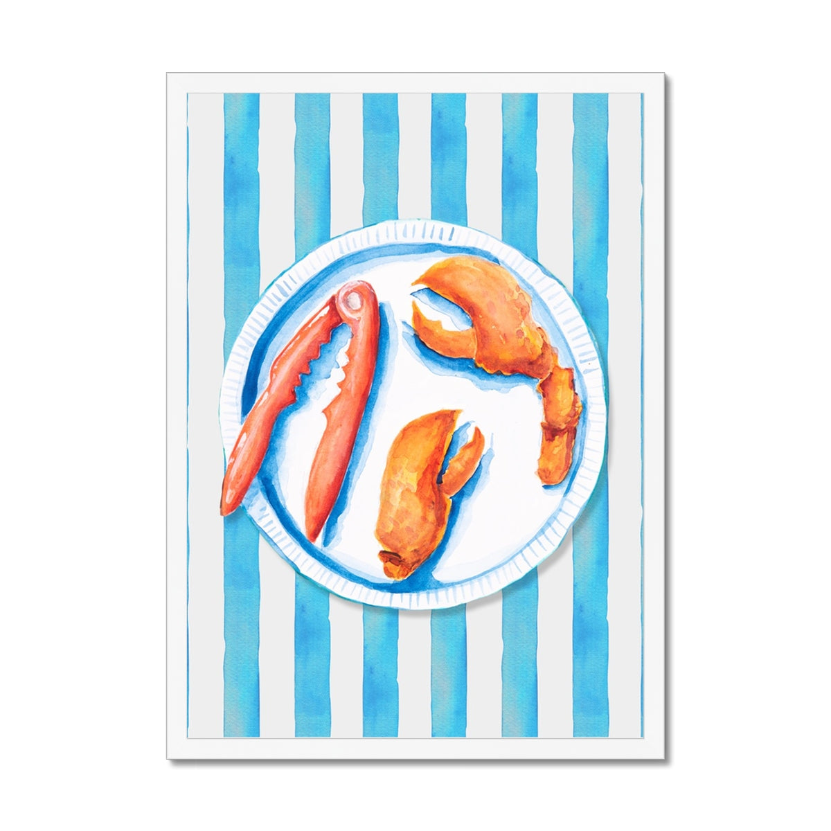 Lobster Painting on Blue Stripe | Kitchen Wall Art - Framed