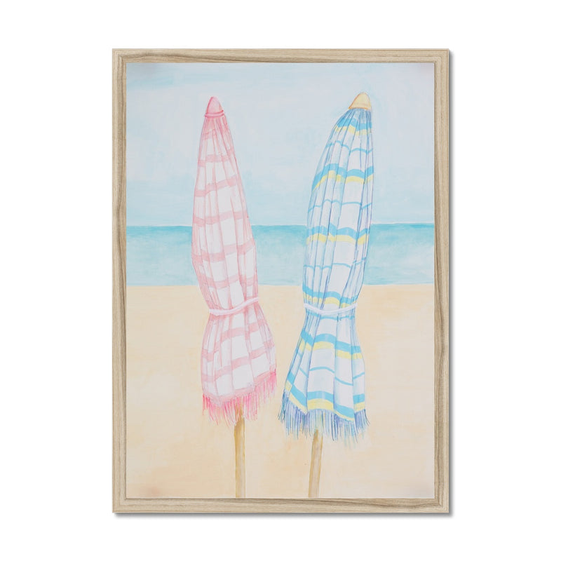 Beach Painting | Seascape Striped Umbrellas | Pastel - Framed