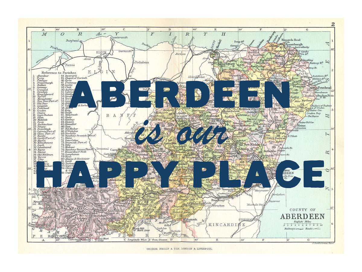 Happy Place Map Print With Blue Font - Personalised