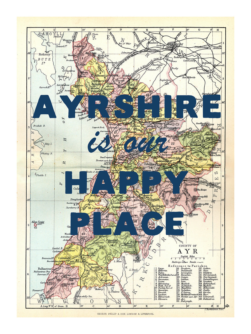 Happy Place Map Print With Blue Font - Personalised