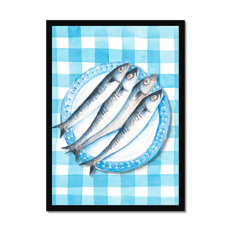 Sardine Painting on Blue Gingham | Kitchen Wall Art - Framed