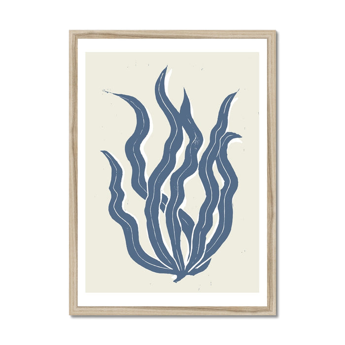 Abstract Indigo Seaweed Art Print No 3 | Coastal Graphic Wall Decor | Handcrafted Lino Cut Design - Framed