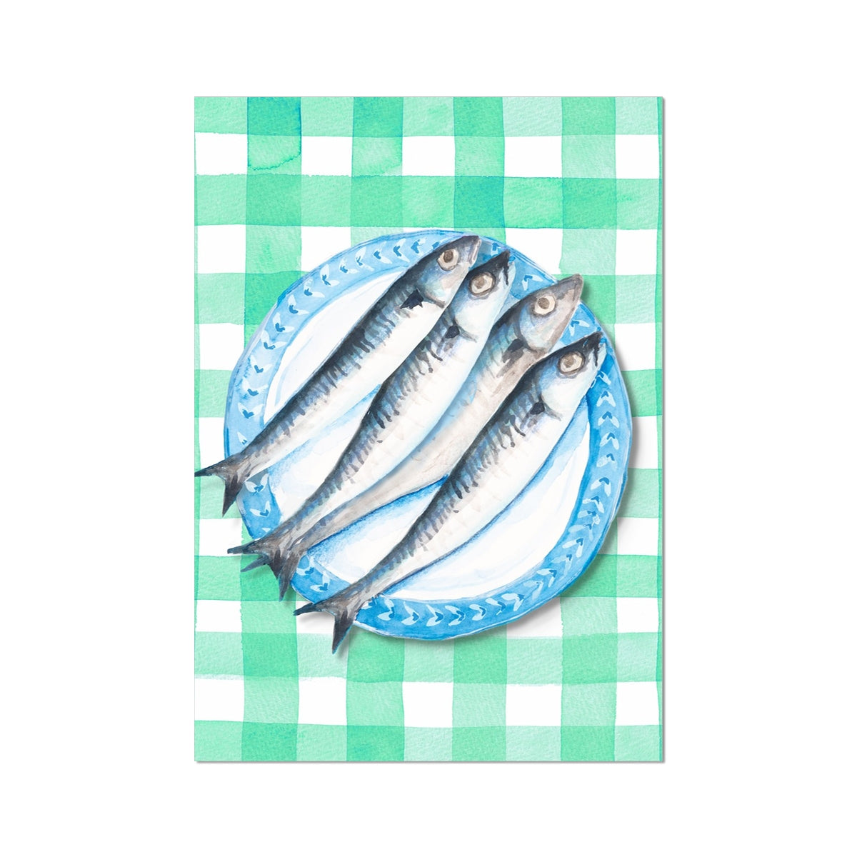 Sardine Painting on Green Gingham | Kitchen Wall Art - Unframed