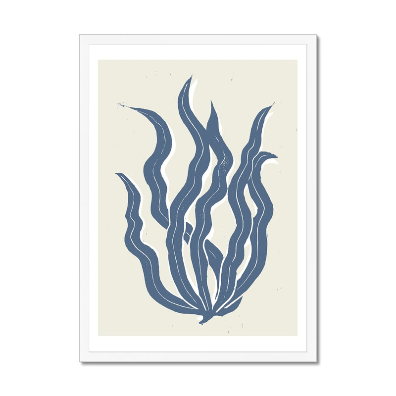 Abstract Indigo Seaweed Art Print No 3 | Coastal Graphic Wall Decor | Handcrafted Lino Cut Design - Framed