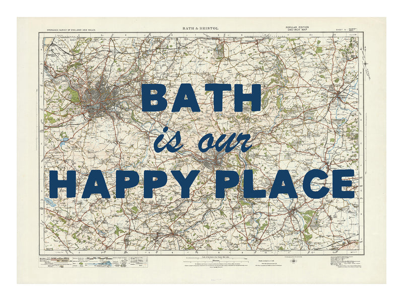 Happy Place Map Print With Blue Font - Personalised